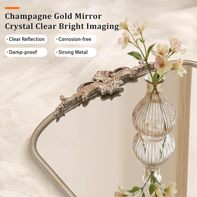 Besdomus Vintage Mirror Full Length: 21"x56" Champagne Arched Body Mirrors | French Floor Standing Metal Framed - Antique Baroque Traditional Ornate - Ideal for Foyer/Cloakroom/Bedroom/Dressing Room