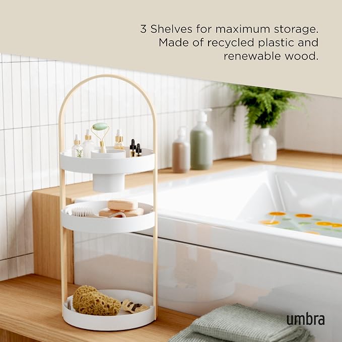 Umbra Bellwood Makeup Organizer, with Handle, Large, White/Natural | Three tier capacity, removable brush cup, integrated carry design, vanity countertop use, sixty percent recycled plastic