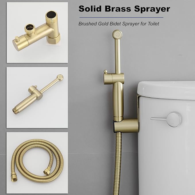 Brushed Gold Bidet Sprayer Set,Handheld Sprayer Set for Toilet | Adjustable Water Pressure,Solid Brass,Multi-use Sprayer for Feminine Care,Cloth Diaper & Pet Washing