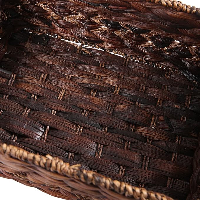 Water Hyacinth Wicker Storage Basket with Wood Handles, Large | Rectangular dark brown woven rattan basket, for shelves, kitchen countertops, closet, holds magazines, toilet paper