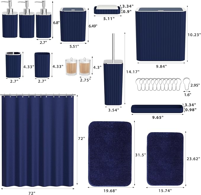 Bathroom Accessory Set - Bathroom Set, 12PC Bathroom Accessories Set, Blue Bathroom Accessories Set, Mini Trash Can, Toilet Brush, Trash Can & Soap Dispenser
