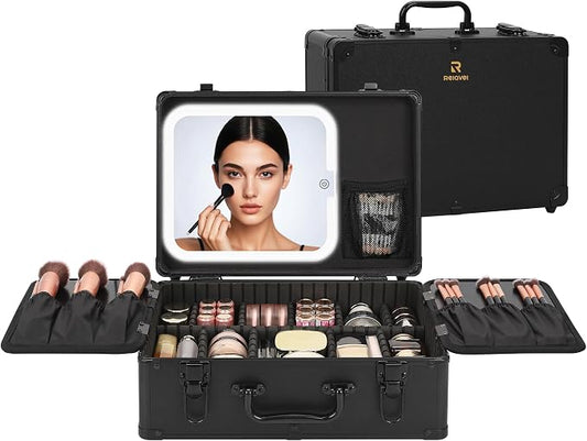 Relavel Makeup Case, Makeup Bag with LED Mirror Makeup Organizer Large Cosmetic Bags Travel Train Case for Women, Portable Vanity Makeup Box with Rechargeable Light up Mirror and Adjustable Dividers