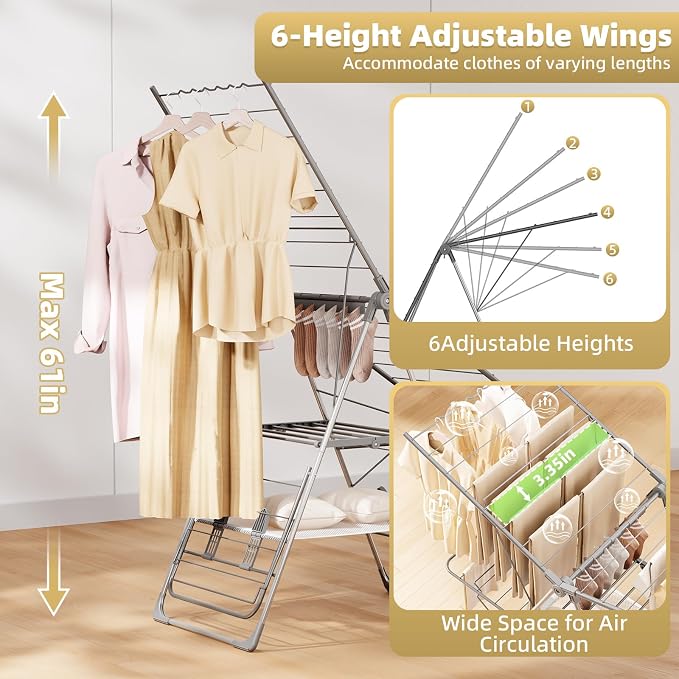 Clothes Drying Rack Foldable, 2-Tier Stainless Steel Heavy Duty Laundry Rack with Adjustable Height Wings, Sock Clips, Space Saving Drying Rack Clothing for Indoor & Outdoor, Apartment, Balcony