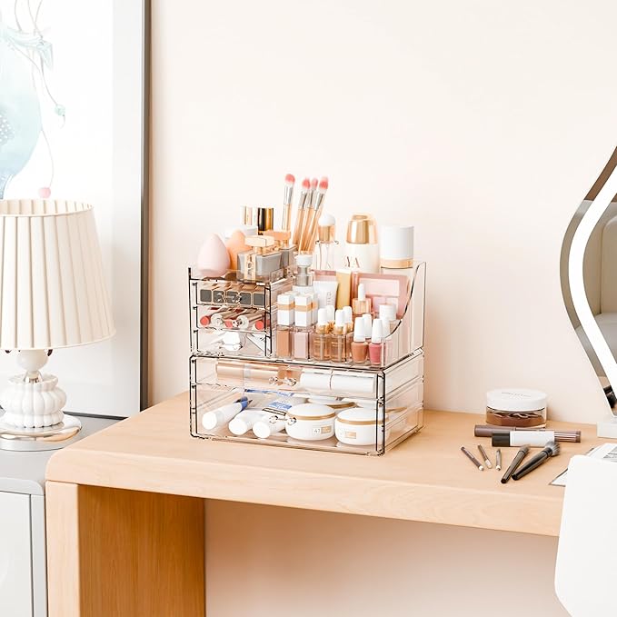 2 Pack Clear Makeup Organizer Countertop for Dresser,Vanity and Bathroom Counter Organizer,Tiered Stackable Makeup Acrylic Organizers with 5 Drawer for Skincare,Brush and Make up Holders