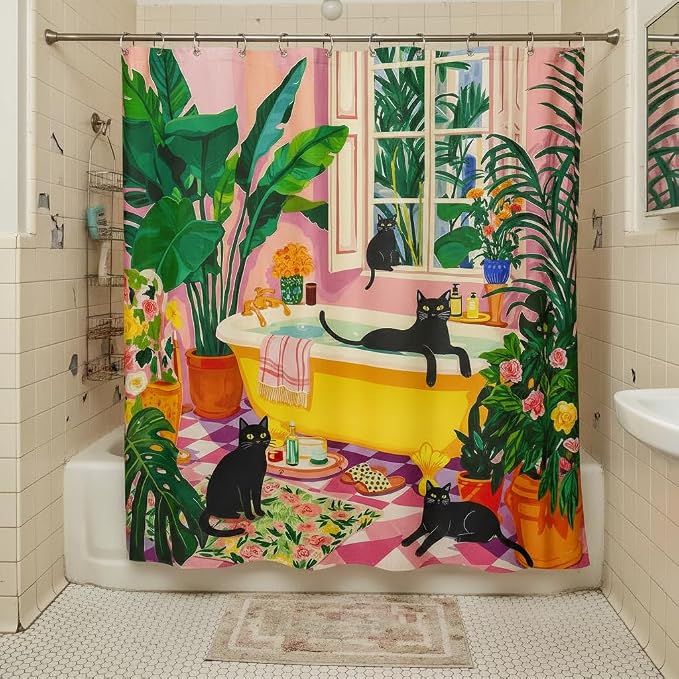 Accnicc Boho Cat Shower Curtain for Bathroom 72 X 84 Inches | Cute Funny Black Cats Matisse Extra Long Shower Curtains, Tropical Plant Bathroom Decor, Water-Resistant Washable Polyester