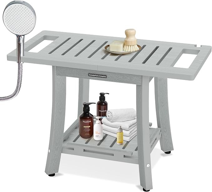 KingPavonini HDPS Shower Bench for Inside Shower to Sit on, 25.2'', Grey | Waterproof Shower Stool for Shaving Legs, 450 lb, Bathroom Chair Seat with Storage Shelf, for Tub/Outdoor Use, Quick Assembly