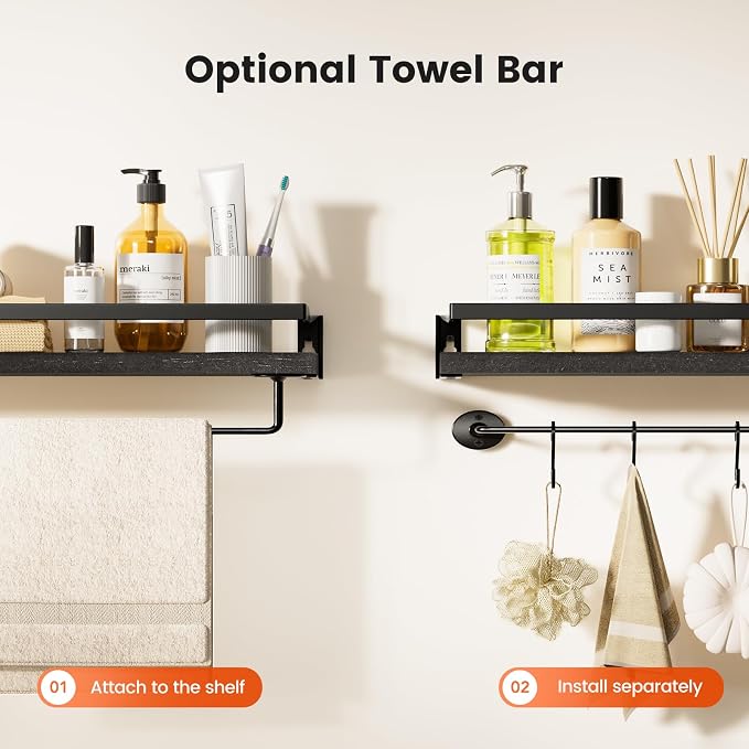 Amada Bathroom Shelves with Towel Bar, Set of 2, Black | Floating Shelves with Detachable Towel Bar, Protective Metal Guards, Paulownia Wood, Bathroom, Living Room & Kitchen Storage