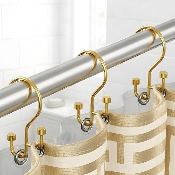 Bathway 12-Pack Double Shower Curtain Hooks, Rust-Resistant Metal Shower Curtain Rings with High-Low Design to Separate Liner & Curtain, Smooth Glide, Gold