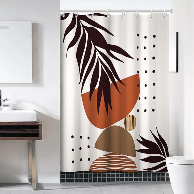 Mid Century Terracotta Shower Curtain for Bathroom 54x72 Inch | Waterproof Abstract Dark Brown Leaves Shower Curtain Set, Soft Boho Bathroom Decor, Machine Washable