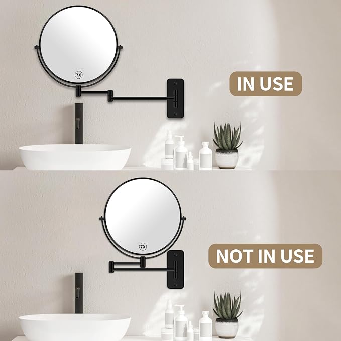 BTremary 8” Wall Mounted Magnifying Makeup Mirror 1X/7X Wall Mount Mirror Swing Arm Two-Sided 360° Swivel Bathroom Shaving Mirror for Men and Women in Hotel/Home, Black
