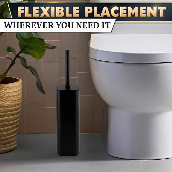 Black Toilet Brush and Holder Set for Modern Bathrooms (Square) | Toilet Bowl Brush and Holder, Removable Inner Bowl, Dense Bristles, Long Handle, Scratch Resistant, Detachable Long Handle