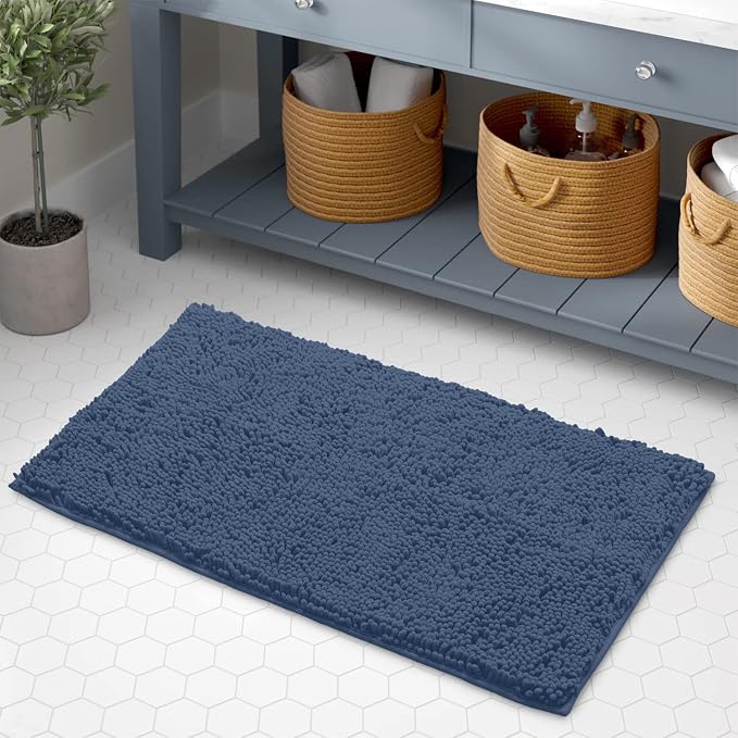 LuxUrux Bath Mat, Extra-Soft Plush Non-Slip Bathroom Rug, Luxury Chenille Microfiber Material, Super Absorbent Shaggy Bath Rug. Machine Wash & Dry (17 x 24 inches, Medium Blue)