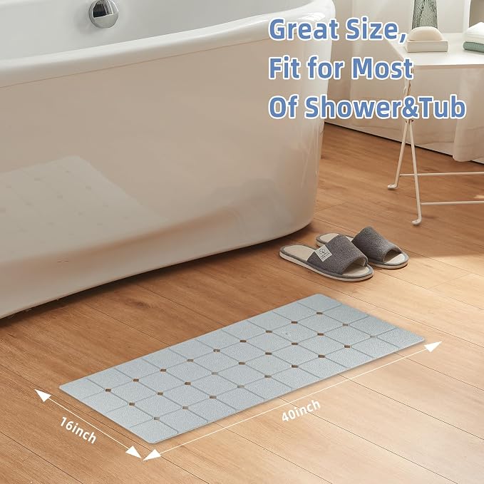 Bathtub Mat Non-Slip Silicone Soft Odorless Large Bath Mat No Suction Cups for Refinished,Reglazed and Textured Shower Mats Non Slip Extra Long Tub Mat (16x40inch Grey)