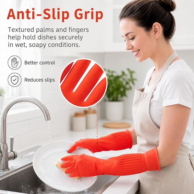 ThxToms Rubber Dishwashing Cleaning Gloves (2-Pair) - Fleece Lined | Reusable Long Dish Gloves for Washing Dishes, Waterproof Kitchen Gloves with Extra-Long Cuff & Anti-Slip Design, Large