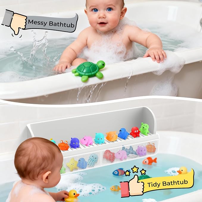 Splash Guard for Bathtub,Kids Bath Toy Tray Caddy Holder, Silicone, Gray | Bath Toy Storage Bag,Guard for Bathtub with Mesh Bathtub Toy Storage,Super Adsorption - Extended Design for Splash Protection
