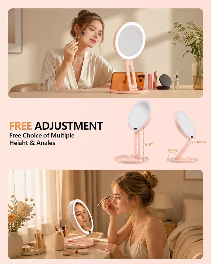 Foldable Travel Makeup Mirror with Lights 20X/1X Magnifying Mirror | Double-Sided Travel Magnifying Mirror With 3 Color Modes & Rechargeable,Dimmable Touch Screen, Smart Display