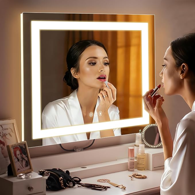FENCHILIN Vanity Mirror with Lights, 22" x 19" Backlit + Front Lit Hollywood Makeup Mirror LED Strip with 3 Colors Modes Smart Touch for Dressing Room & Bedroom White