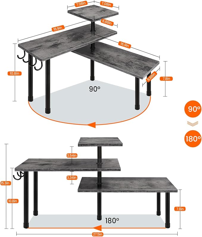 Kitchen Countertop Organizer, 3 Tier Corner Shelf Bathroom Counter Organizer, Wooden Counter Shelf Stand Space Saver, Easy Assembly, Rustic Grey