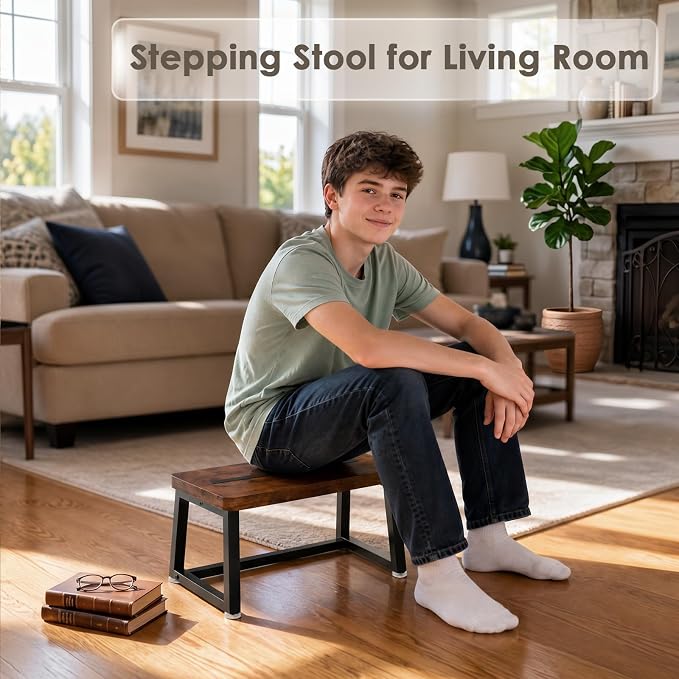 Wooden Step Stool for Adults Small Bed Step Stool with 500LB, Brown | Small Step Stool, Heavy Duty, Non Slip, Anti Tipping, Adjustable Feet, Foot Stool for Kitchen Bedroom Bathroom Living Room