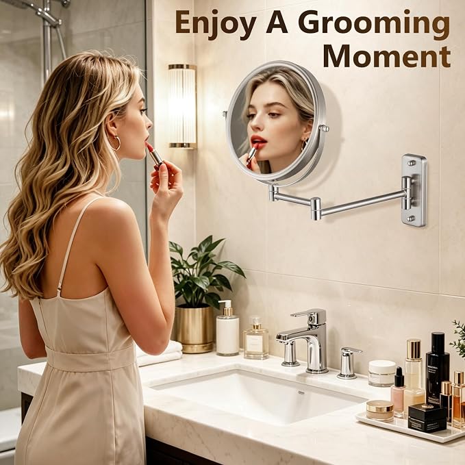 ALHAKIN 1X/30X Wall Mounted Makeup Mirror, 8 Inch Double Sided Magnifying Mirror for Wall, Bathroom Makeup Mirror with 360 Rotation Extendable Swivel Arm, Nickel
