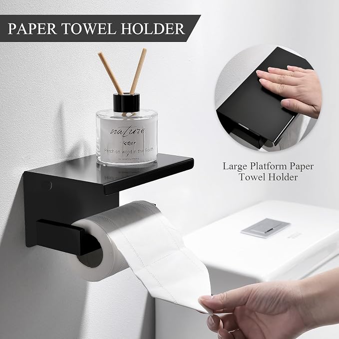 TURS 4-Piece Bathroom Hardware Set Brushed Gold and Black Towel Bar Set Include Towel Bar Hand Towel Holder Toilet Paper Holder with Shelf Robe Hook Stainless Steel Bathroom Accessories Sets