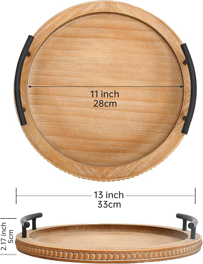 SwallowLiving Brown Wooden Beaded Serving Tray with Handle Decorative Rustic Tray for Coffee Table Farmhouse Round Tray for Kitchen, Living Room and Bedroom