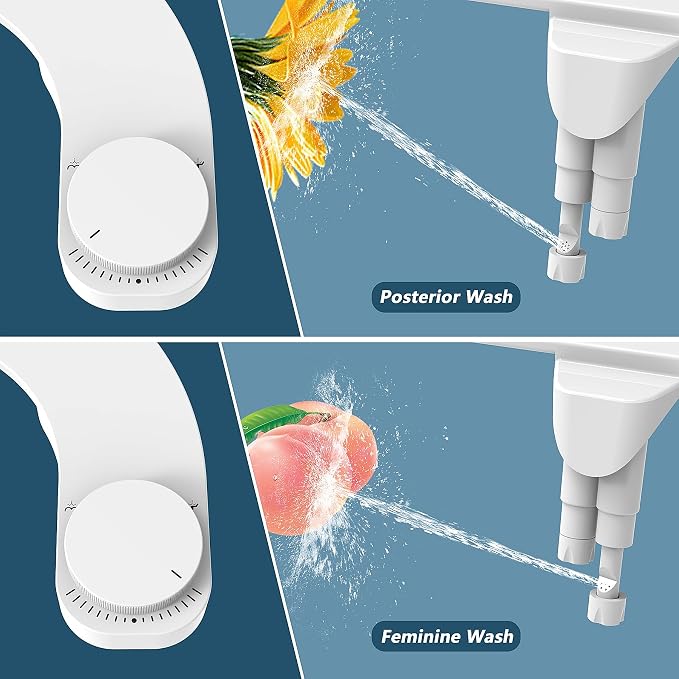 Bidet Attachment for Toilet - Left Hand Bidet Ultra-Slimt Non-Electric,Adjustable Water Pressure,Retractable Dual Nozzles for Frontal & Rear Wash - White Knob