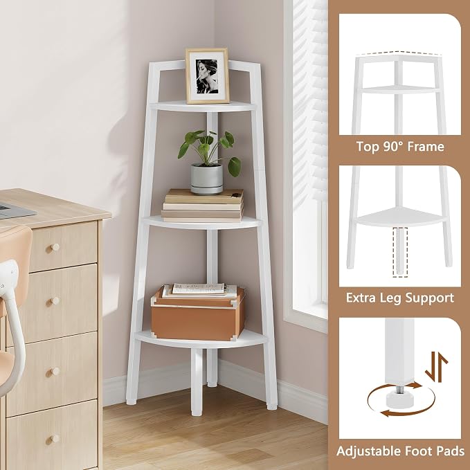 Hoctieon Corner Shelf, 3-Tier 40" Tall Corner Bookshelf, Rustic Ladder Shelf, Industrial Display Stand for Living Room, Kitchen, Home Office, Balcony, Small Space, Metal Frame, White
