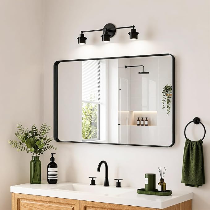 Koonmi 36x48 Inch Black Bathroom Mirror for Over Sink | Wall Mirror for Bathroom Matte Rectangle Metal Deep Framed, Shatterproof Tempered Glass, Hang Vertically or Horizontally