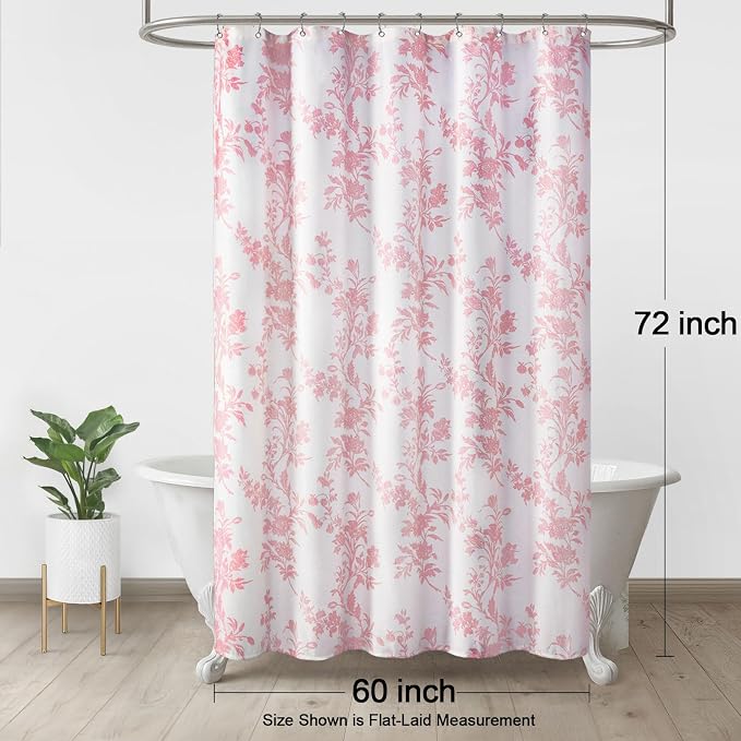Pink Floral Shower Curtain,Vintage Cotton Cottagecore Shower Curtains for Bathroom, 60" W x 72" L
