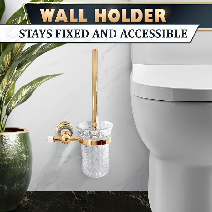 Wall-Mounted Toilet Brush and Holder Set, Clear Bowl (Gold Crystal) | Toilet Bowl Brush and Holder Set, Polished Gold Handle, Space-Saving Wall Mount, Stainless Steel Body, for Elegant Bathrooms