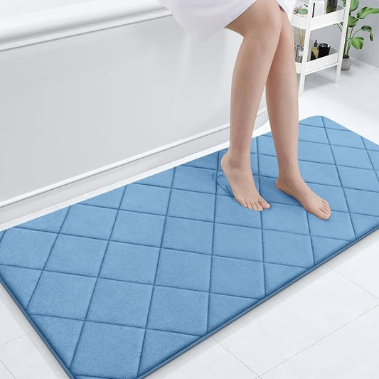 OLANLY Memory Foam Bath Mat 59x24, Ultra Soft and Absorbent Bathroom Rugs | Blue, Quick Dry, Machine Washable Shower Bath Rugs, Comfortable Bath Carpet for Bathroom Floor, Tub and Shower