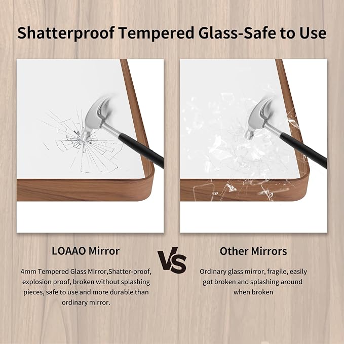LOAAO 48X36 Inch Bathroom Mirror with Wood Grain Colored Metal Frame | Rounded Rectangle Metal Framed, Anti-Rust, Hangs Horizontally or Vertically, Tempered Glass