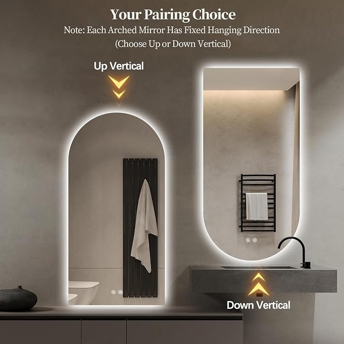 Arched LED Bathroom Mirror, 40"x24" Arch Framless Backlit Mirror with Lights Vanity Mirror for Makeup, Anti-Fog, Dimmable, 3-Color, Memory Function, IP65 Waterproof, UL Listed, Vertical