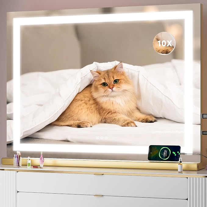 Vanity Mirror with Lights, 40" x 29" LED Makeup Mirror with 10X Magnification, Dimmable 3 Modes, Memory Function, Smart Touch, USB Charging Port, Lighted Makeup Mirror Square Glod