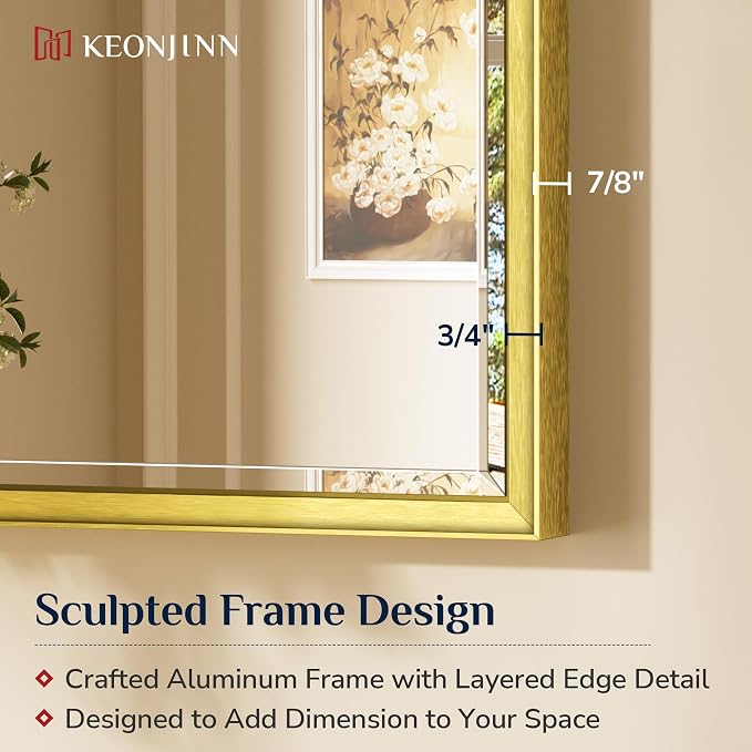 Keonjinn 60" x 36" Gold Bathroom Mirrors, Secure French Cleat Installation | Tempered Glass with Beveled Edge, Aluminum Alloy Frame, Anti-Rust, Large, Brushed Gold Bathroom Vanity Mirror for Wall
