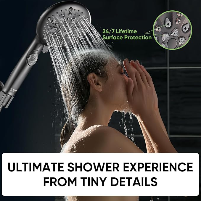 Cobbe 9 Spray Modes Handheld Shower Head, Water-Saving, Matte Black | Power Rinse, 1-Click Pause & Flow Control, 6ft Stainless Steel Hose, Adjustable Brass Bracket