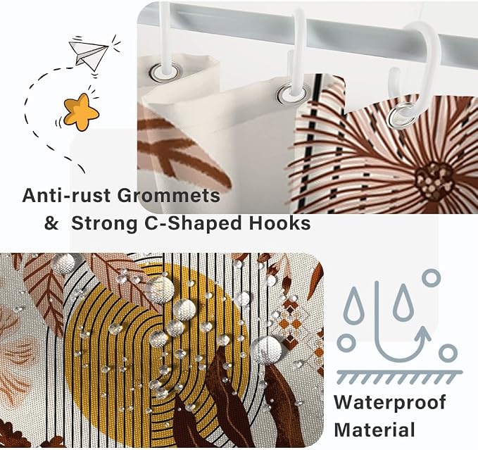 Boho Brown Shower Curtain for Bathroom 72x72 Inch | Waterproof Abstract Tan Floral and Leaves Shower Curtain Set with Hooks, Mid Century Bathroom Decor