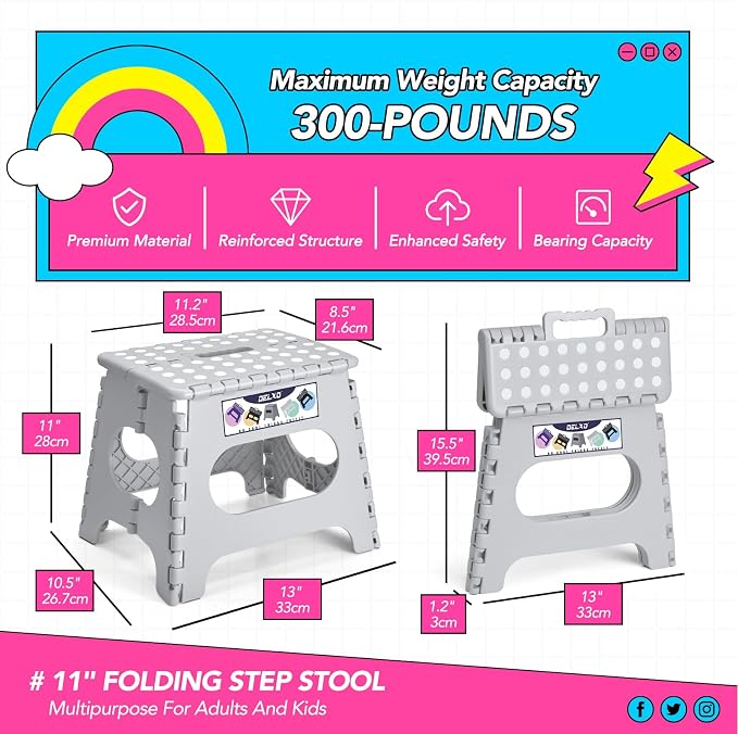 Delxo Folding Step Stool 11 Inch,300 Lbs Step Stool for Kids & Adults Grey | Foldable Step Stool 11",Non-Slip Foot Stools with Handle,Lightweight Collapsible stools for Kitchen,Bathroom,Bedroom,Garden