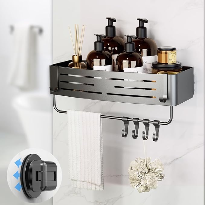 Onemake Suction Cup Shower Caddy, Shower Shelf, Bathroom Organizer, Gray | No-drill Rustproof Aluminum Removable Caddy with Hooks, Wall Mounted Shower Organizer, Corner Shampoo Holder for Bathroom