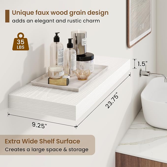 Marsmiles 9.25in Depth 24in Floating Shelves, 24x9.25x1.4, White, Set of 2 | Wall Mounted Engineered Wood Shelves, Invisible Brackets for Living Room, Bedroom, Bathroom, Kitchen Decor and Storage