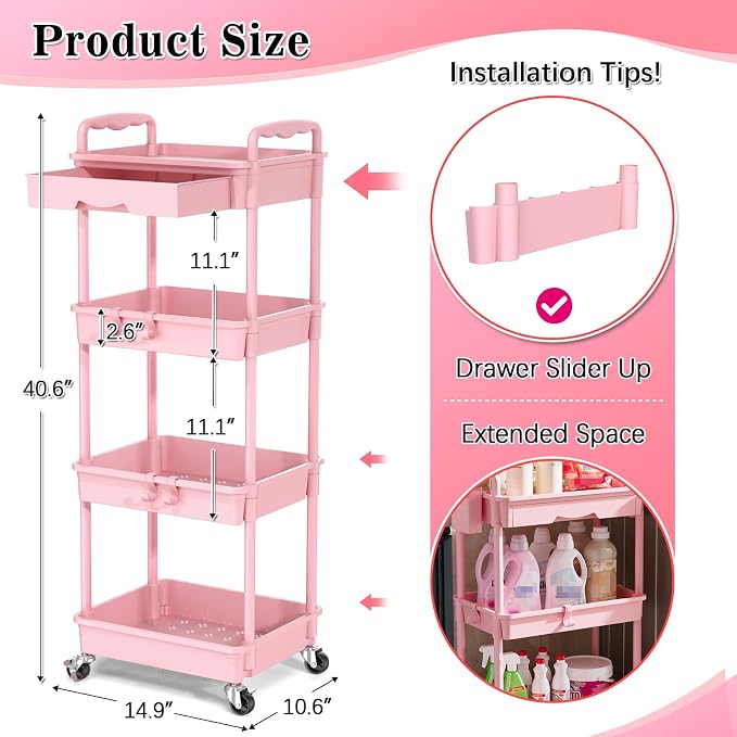 SUNALLY 4 Tier Rolling Cart with Drawer, Craft Storage Cart Organizer, Pink | Bathroom Storage Organizer with 2 Lockable Wheels, Rolling Utility Cart for Kitchen, Office, Baby, Makeup, Nail,Snack,Laundry