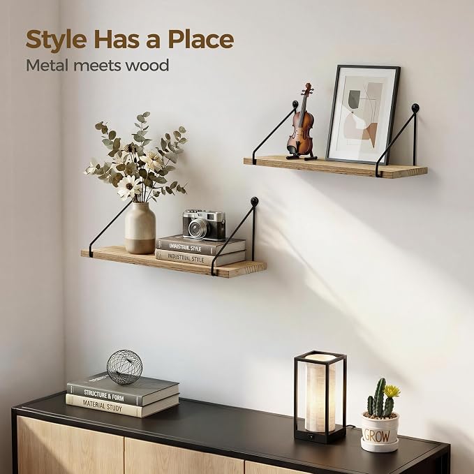 Afuly Rustic Floating Shelves for Wall, Wood Shelf with Brackets, Set of 2 | Solid Wood and Metal, Hanging Bookshelf, Plants Photos Display, for Bathroom, Kitchen, Living Room, Bedroom, Home Decor