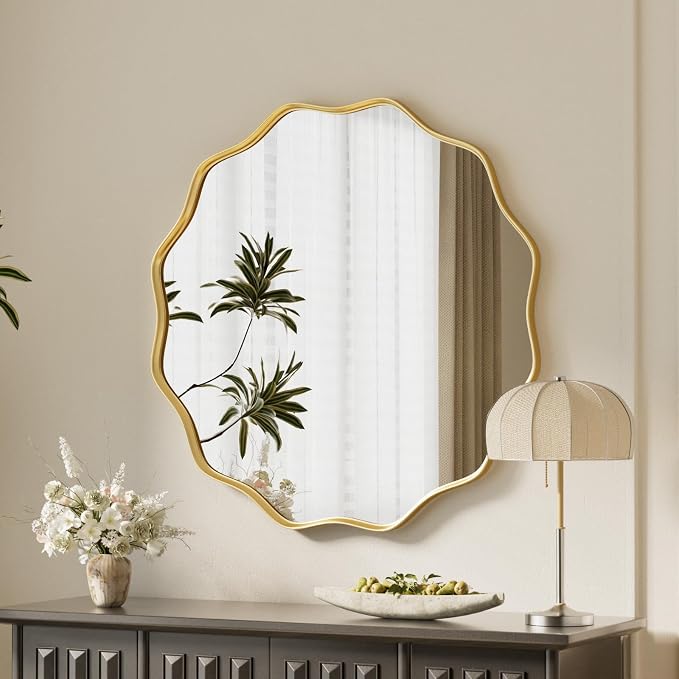 Gold Scalloped Circle Mirror, 20" Wavy Edge Round Wall Mirror | Tempered Glass Textured Circular Metal Deep Frame, Hanging Leaning for Bathroom, Hallway, Entryway, Living Room