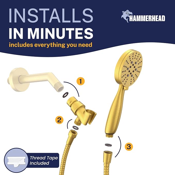 HammerHead Showers® Solid Metal 3-Spray Handheld Shower Head with Long Hose and Holder - BRUSHED GOLD - WIDE, MASSAGE, and MIST Sprays - 1.8 GPM Low Flow Handheld Showerhead - Water Saving Shower Head