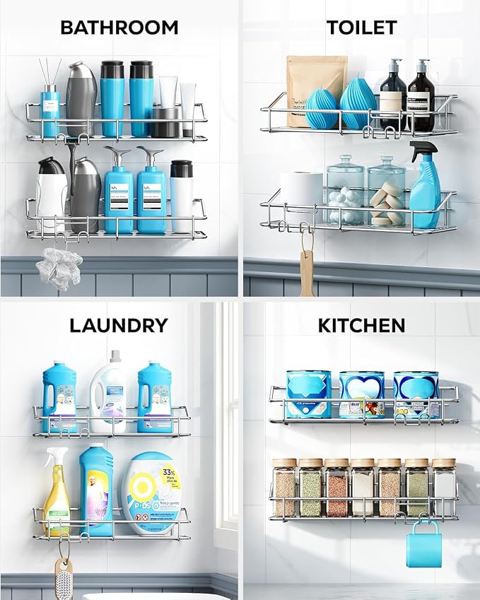 Nieifi Shower Caddy Shelf with Hooks Storage Rack Organizer Adhesive Stainless Steel without Drilling for Bathroom, Lavatory, Washroom, Restroom, Shower, Toilet, Kitchen (Sliver, 3 Pack) | Stainless steel, 3 pack, shower rack, shower organization, with...
