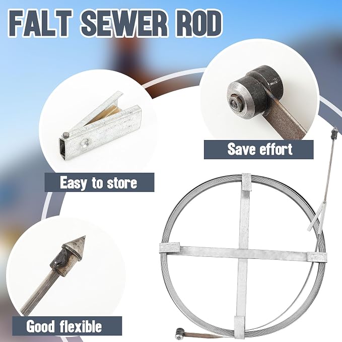 Blulu Flat Sewer Rod 3/4" x 50ft Drain Snake, Adjustable Grip Handle Plumbing Auger Flexible Steel Sewer Cleaning Tool for Dredge Sewers Wells Kitchen Sink Bathroom Drain Outdoor Pipes