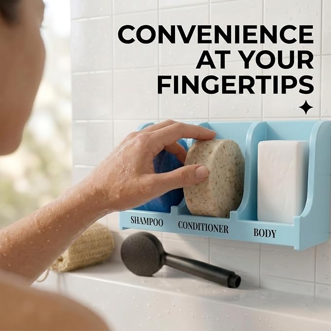 Soap Holder for Shower Wall, 3-Compartment Soap Dish for Shampoo, Conditioner and Body Soap, Fast Draining & Rust-Proof & Heavy Duty, Ultra-Strong Adhesive for Long-Term Bathroom Use & Freestanding