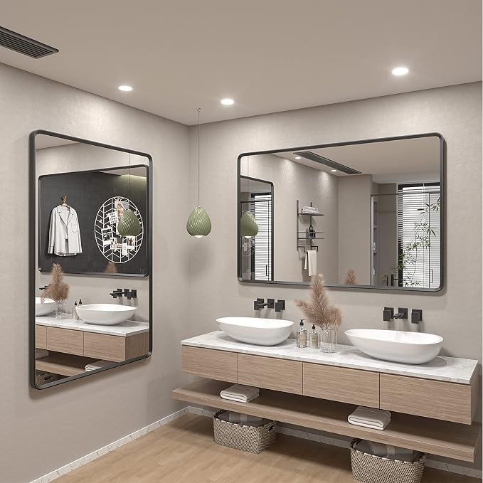 60x36 Black Matte Bathroom Mirror | Large Metal Framed, Black Vanity Wall Mirror, Rounded Rectangle Mirror, Anti-Rust, Shatterproof (Horizontally/Vertically)