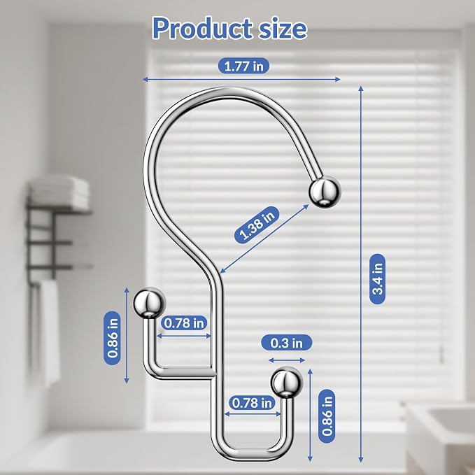 Shower Curtain Hooks, Silver Shower Curtain Hooks Rust Proof, Anti-drop Metal Shower Curtain Rings Hooks, Double Shower Hooks for Shower Curtain, Shower Rings for Curtain & Liner, Silver-12 Pcs